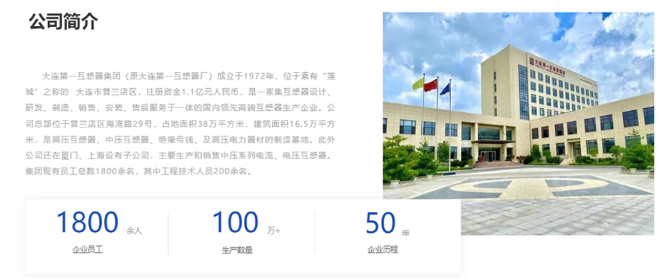 大連第一互感器集團（原大連第一互感器廠）成立于1972年，位于素有“蓮城”之稱的  大連市普蘭店區，注冊資金1.1億元人民幣，是一家集互感器設計、研發、制造、銷售、安裝、售后服務于一體的國內領先高端互感器生產企業。公司總部位于普蘭店區海灣路29號，占地面積38萬平方米，建筑面積16.5萬平方米，是高壓互感器、中壓互感器、絕緣母線、及高壓電力器材的制造基地。此外公司還在廈門、上海設有子公司，主要生產和銷售中壓系列電流、電壓互感器。集團現有員工總數1800余名，其中工程技術人員200余名。